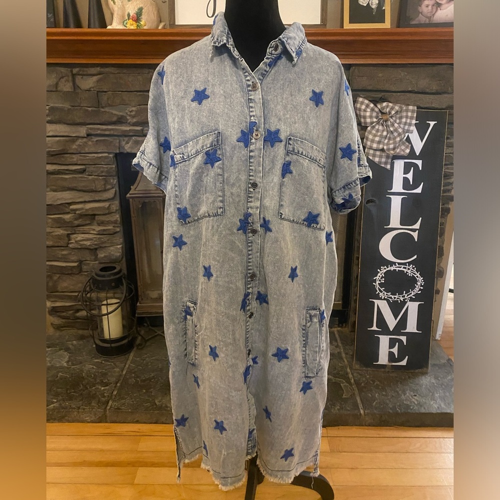 Blue Velvet Denim Button-Down Shirt Dress with Blue Star Embroidery